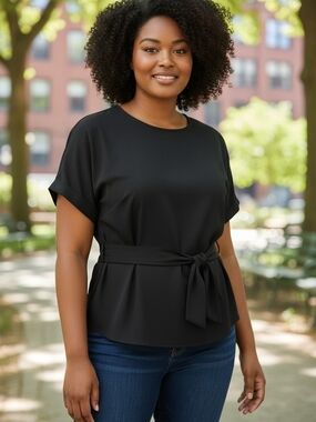 Worthington Black Tie-Waist Short Sleeve Blouse